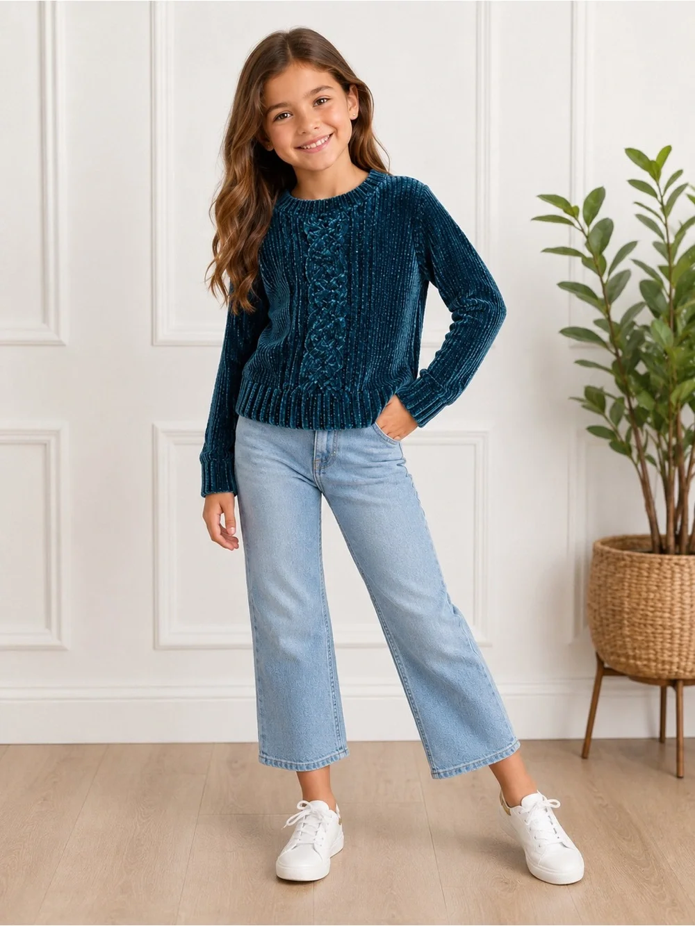 Girls' Teal Cable-Knit Velvet Sweater XS (4-5)